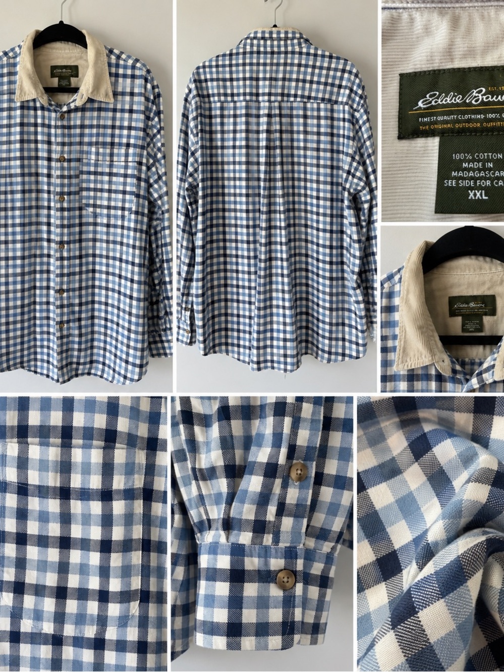 Eddie Bauer Blue Gingham Button-Up Shirt | XXL | Corduroy Collar